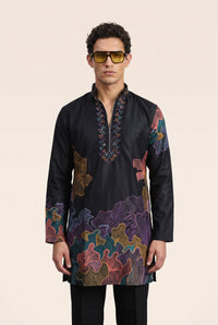 PSTL CLO Aura Midnight Abstract Embroidered Short Kurta with pants - front view, festive wedding wear for men