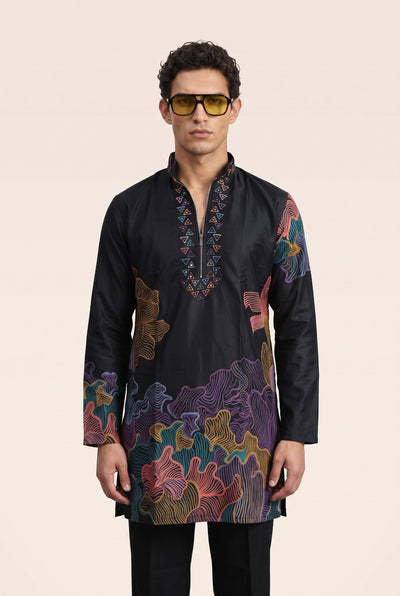 PSTL CLO Aura Midnight Abstract Embroidered Short Kurta with pants - front view, festive wedding wear for men