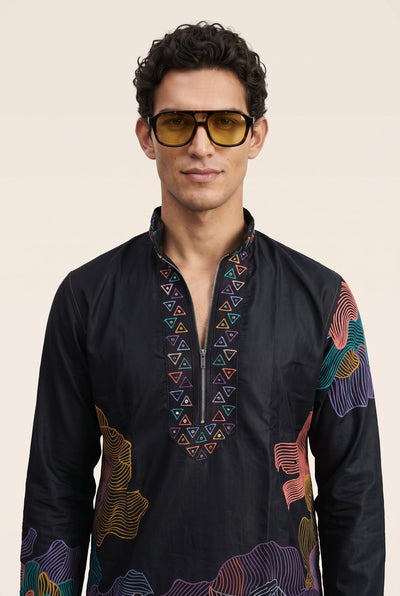 PSTL CLO Aura Midnight Abstract Embroidered Short Kurta with pants - close-up line-art embroidery detail