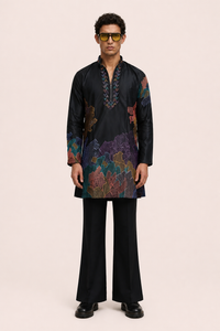 PSTL CLO Aura Midnight Abstract Embroidered Short Kurta with pants - collar and zip closure detail