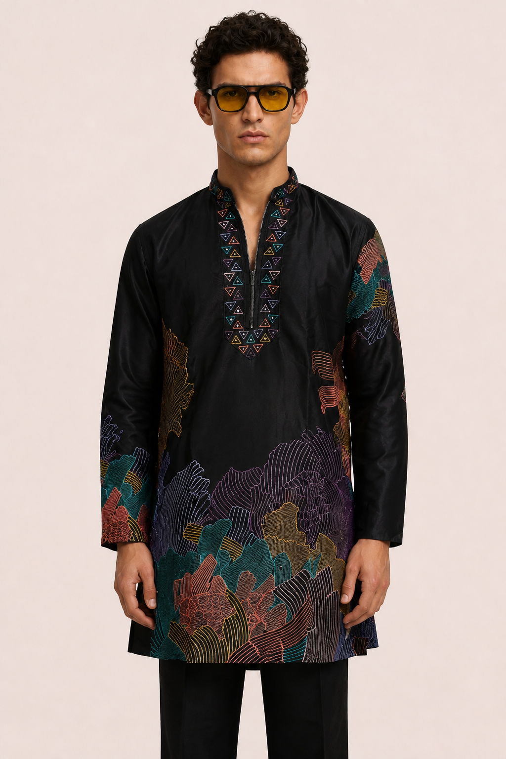 PSTL CLO Aura Midnight Abstract Embroidered Short Kurta with pants - full length styled look with pants