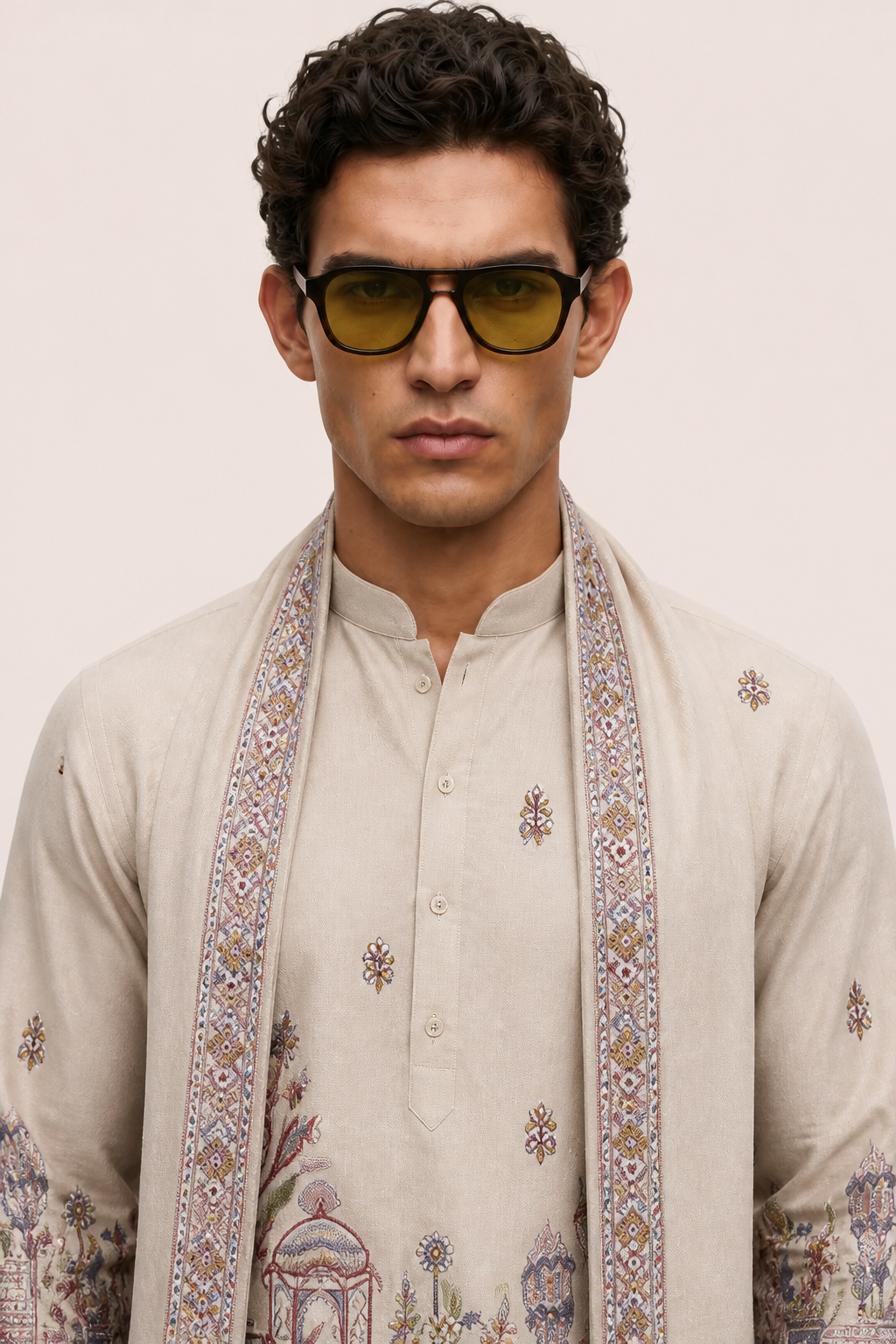 PSTL CLO Mehfil Ivory Kurta With Stole - printed border detail