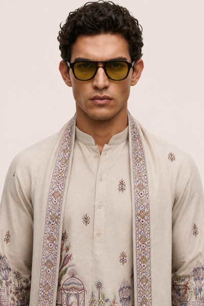 PSTL CLO Mehfil Ivory Kurta With Stole - printed border detail