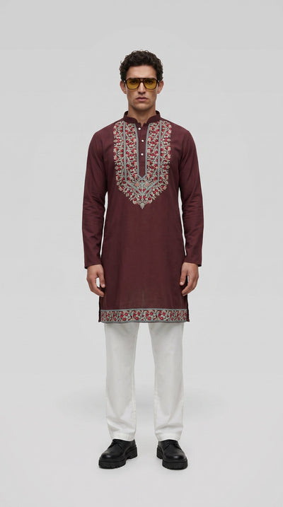 PSTL CLO Maroon Heritage Cotton Embroidered Kurta - front view, festive wedding wear for men