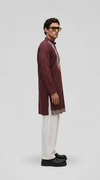 PSTL CLO Maroon Heritage Cotton Embroidered Kurta - close-up floral embroidery detail