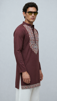 PSTL CLO Maroon Heritage Cotton Embroidered Kurta - side view on model