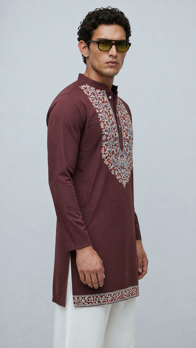 PSTL CLO Maroon Heritage Cotton Embroidered Kurta - side view on model