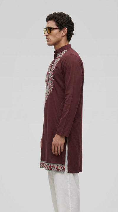 PSTL CLO Maroon Heritage Cotton Embroidered Kurta - back view