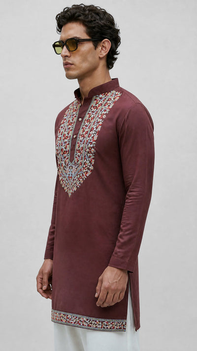 PSTL CLO Maroon Heritage Cotton Embroidered Kurta - hem border detail