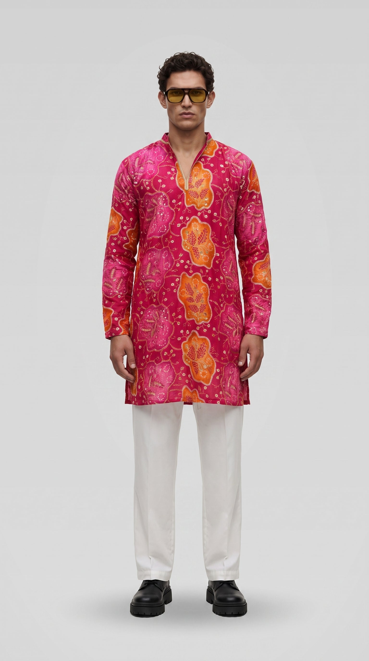 PSTL CLO Gulnaar Embroidered Cotton Kurta - front view, festive wedding wear for men