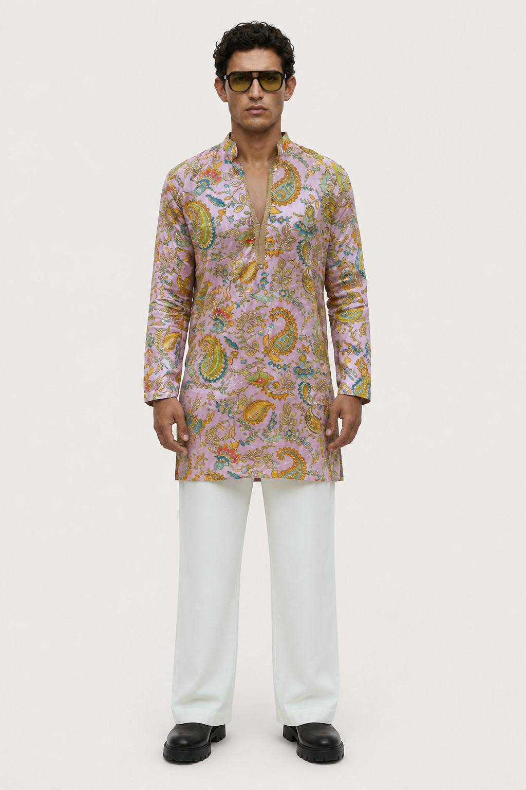 PSTL CLO Powder Pink Paisley Embroidered Short Kurta - front view, festive wedding wear for men