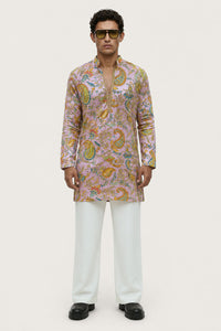 PSTL CLO Powder Pink Paisley Embroidered Short Kurta - front view, festive wedding wear for men