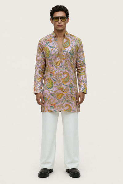 PSTL CLO Powder Pink Paisley Embroidered Short Kurta - front view, festive wedding wear for men