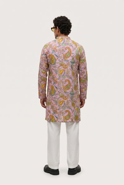 PSTL CLO Powder Pink Paisley Embroidered Short Kurta - V-neckline detail