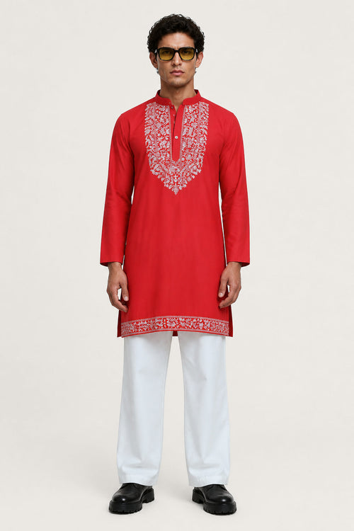 PSTL CLO Crimson Red Embroidered Kurta - front view, festive wedding wear for men