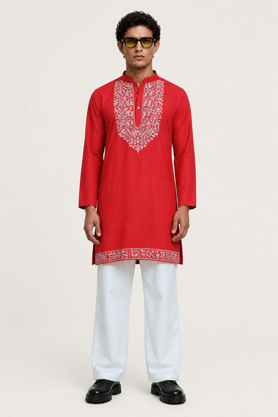 PSTL CLO Crimson Red Embroidered Kurta - front view, festive wedding wear for men