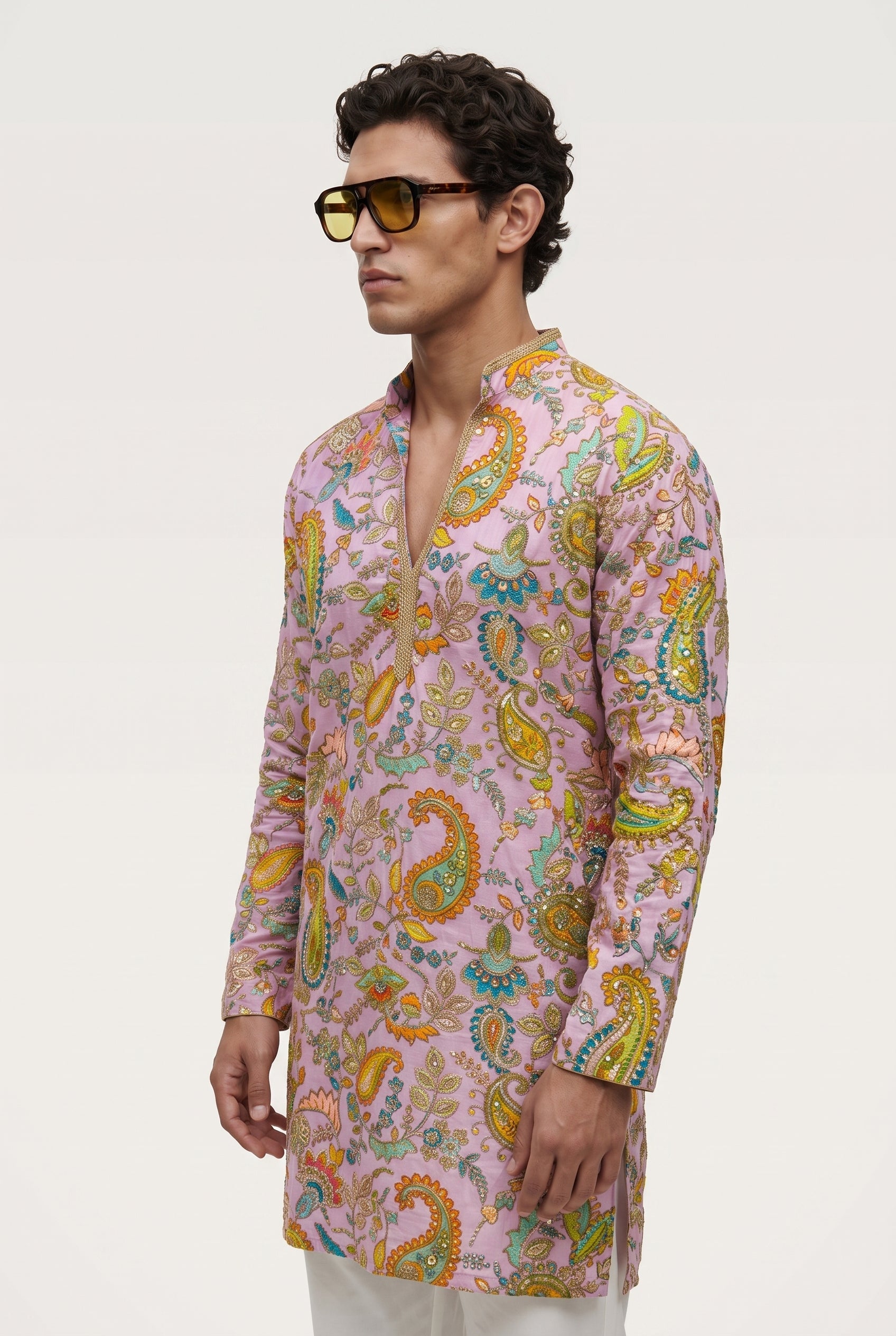 PSTL CLO Powder Pink Paisley Embroidered Short Kurta - full length styled look