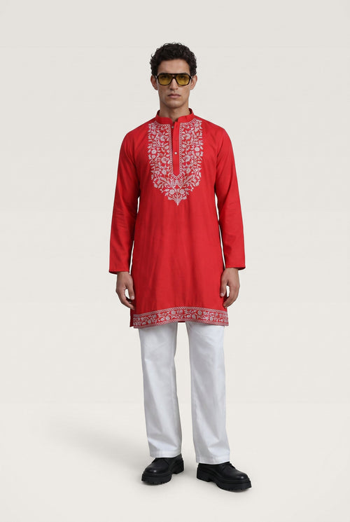 PSTL CLO Crimson Red Embroidered Kurta - close-up embroidery detail, festive wedding wear for men