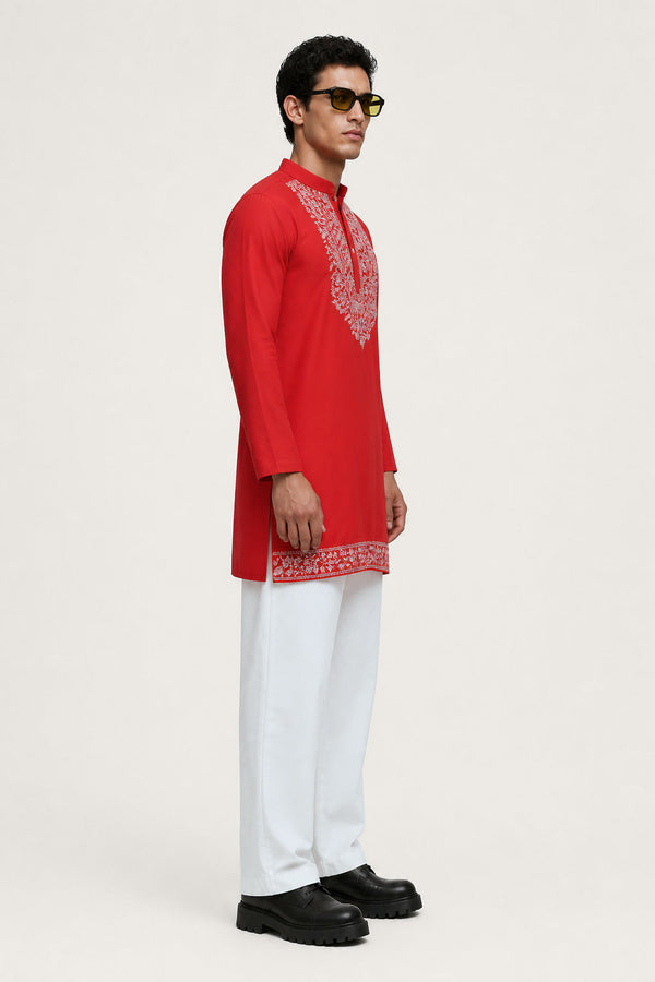 PSTL CLO Crimson Red Embroidered Kurta - side view, festive wedding wear for men