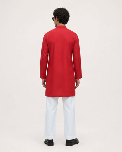 PSTL CLO Crimson Red Embroidered Kurta - full length styled look, festive wedding wear for men