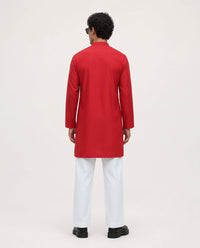 PSTL CLO Crimson Red Embroidered Kurta - full length styled look, festive wedding wear for men