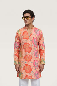 PSTL CLO Coral Bloom Peach Floral Embroidered Kurta - front view, festive wedding wear for men