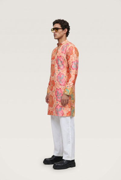 PSTL CLO Coral Bloom Peach Floral Embroidered Kurta - close-up floral embroidery detail