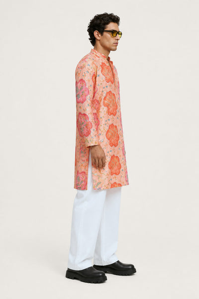 PSTL CLO Coral Bloom Peach Floral Embroidered Kurta - side view on model