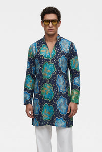 PSTL CLO Azure Bloom Navy Blue Floral Embroidered Kurta - front view, festive wedding wear for men