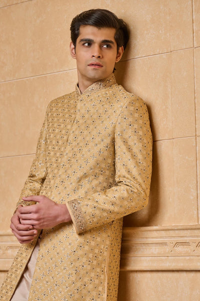 Gold Brocade Sherwani With Kundan Details