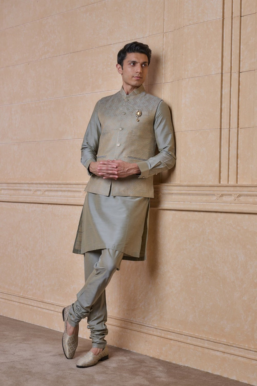 Light Green Brocade Kurta Bundi Set