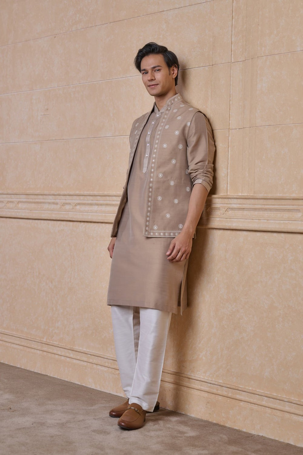 Beige All Over Embroidered Kurta Bundi Set