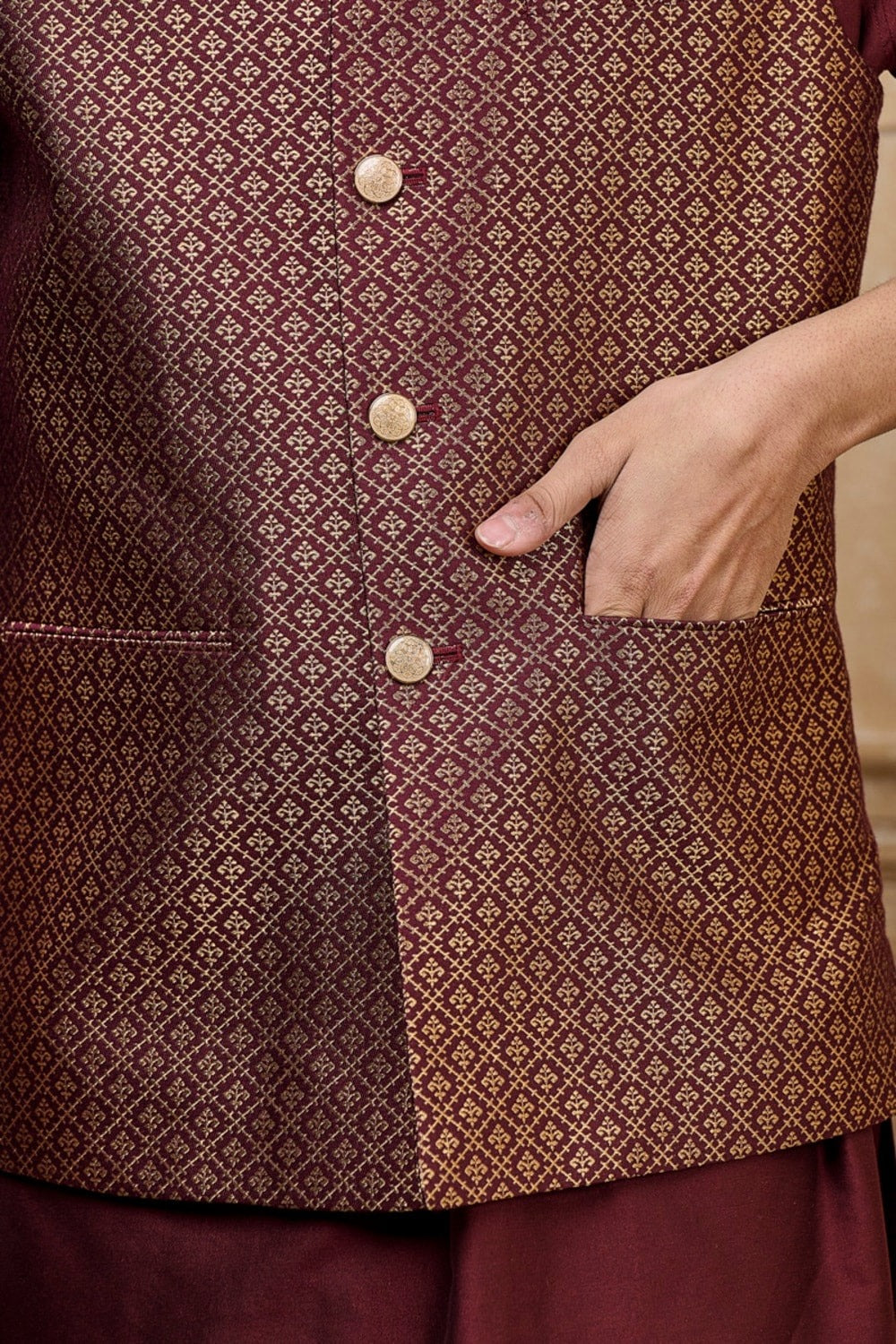 Wine Brocade Kurta Bundi Set