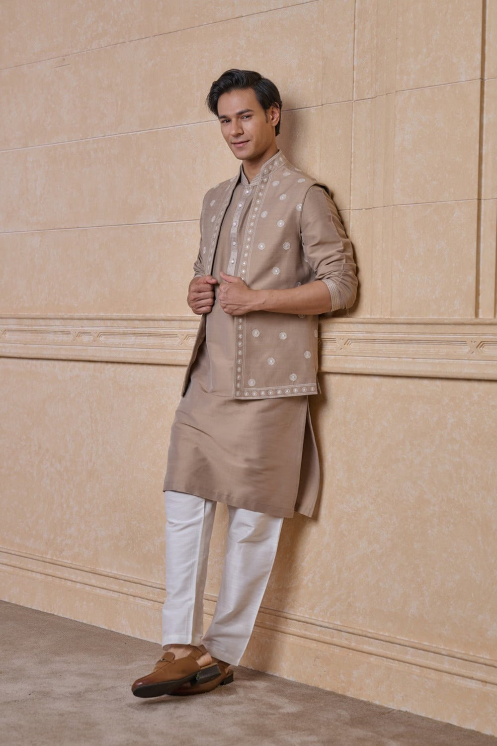 Beige All Over Embroidered Kurta Bundi Set