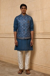 Navy Floral Bundi Kurta Set