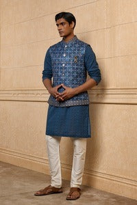 Navy Floral Bundi Kurta Set