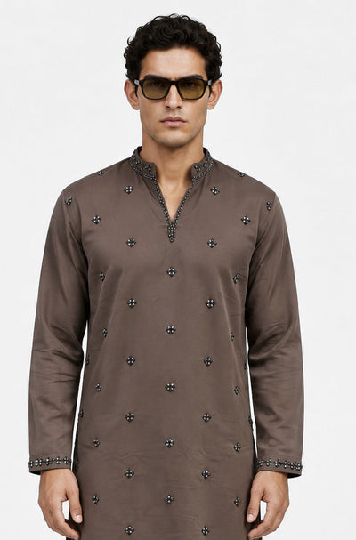 PSTL CLO Mocha Brown Kurta Set - full look front view, festive wedding wear for men
