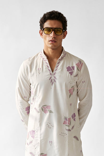 PSTL CLO Blush Botanica Embroidered Kurta Set - front view, festive wedding wear for men