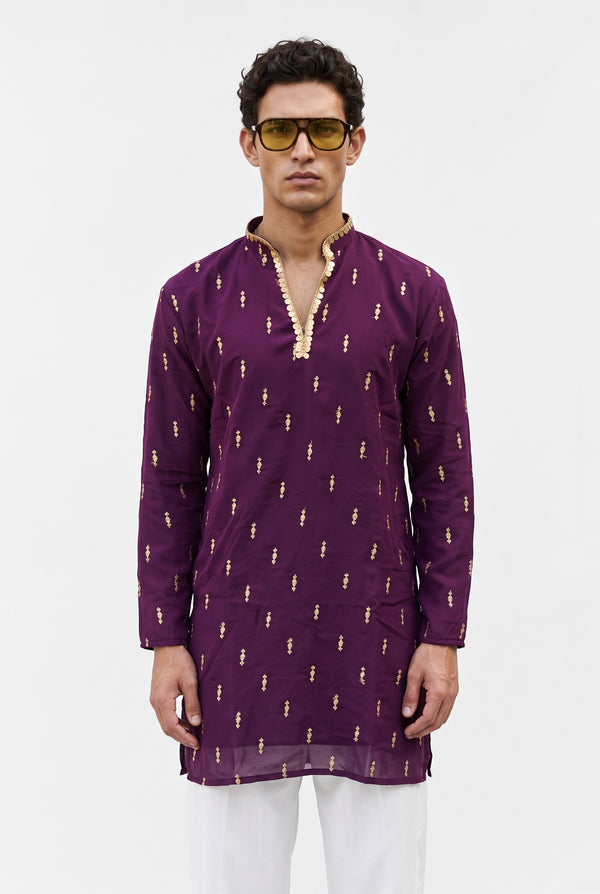 PSTL CLO Regal Plum Gold Embroidered Kurta - editorial front view, festive wedding wear for men