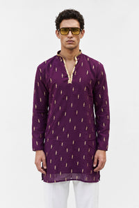 PSTL CLO Regal Plum Gold Embroidered Kurta - editorial front view, festive wedding wear for men