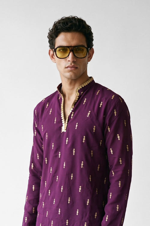 PSTL CLO Regal Plum Gold Embroidered Kurta - three-quarter view, festive wedding wear for men