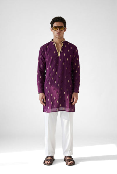 PSTL CLO Regal Plum Gold Embroidered Kurta - full-length front view, festive wedding wear for men