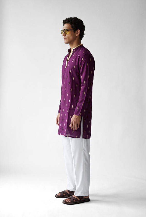 PSTL CLO Regal Plum Gold Embroidered Kurta - side view, festive wedding wear for men