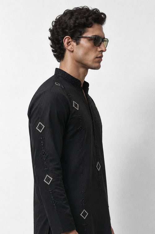 PSTL CLO Noir Royale Kurta Set - side close-up view, festive wedding wear for men