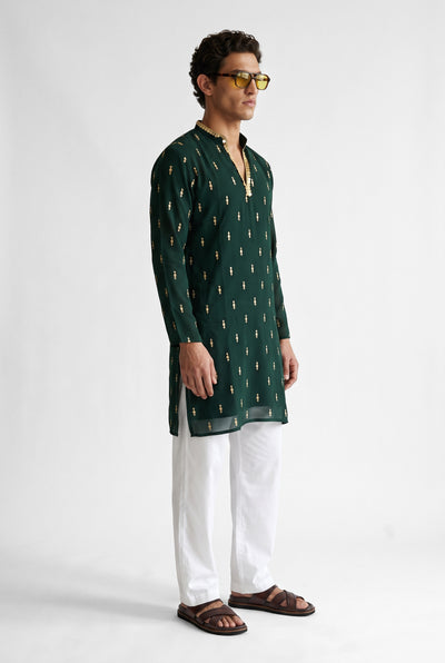 PSTL CLO Emerald Aura Kurta - three-quarter view, festive wedding wear for men