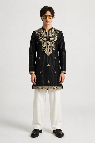 PSTL CLO Onyx & Gold Embroidered Short Kurta - front view, festive wedding wear for men
