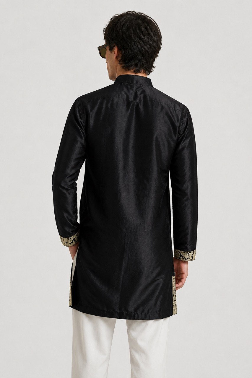 PSTL CLO Onyx & Gold Embroidered Short Kurta - close-up gold embroidery detail